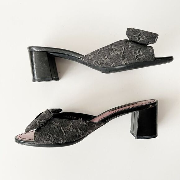 Vintage Y2K Louis Vuitton Monogram Logo Print Block Heel Mules Bow Slides Size 6 - Picture 8 of 11